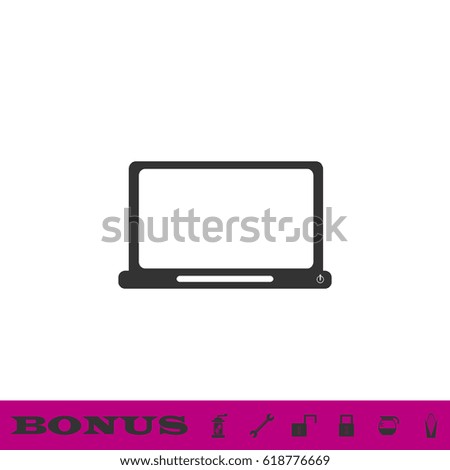 Laptop icon flat. Simple grey pictogram on white background and bonus six icons. Illustration symbol