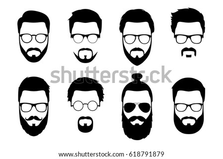 Hipster detailed hair and beards with sunglasses set. Fashion bearded man faces. Long beard with facial hair. Beard isolated on white background. Hipsters with different haircuts, mustaches, beards. Royalty-Free Stock Photo #618791879