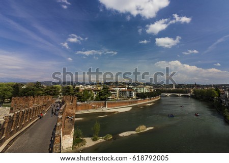 View from Castelvecchio over Adige River and Castelvecchio Bridge. Verona, Veneto, Italy. Photo taken on 2nd April, 2017, Verona, Italy.