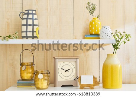 composed of curtains and shelves with decor wood frame and vase interior