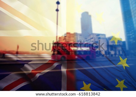 UK flag and red bus at rush hour in London traffic in the background