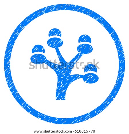 Money Tree grainy textured icon inside circle for overlay watermark stamps. Flat symbol with dirty texture. Circled vector blue rubber seal stamp with grunge design.