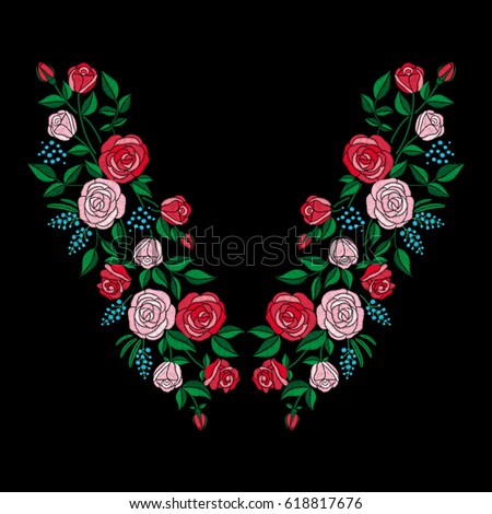 Neck line embroidery with roses flowers vector illustration. Foliage embroidery fashion and pattern with flower.