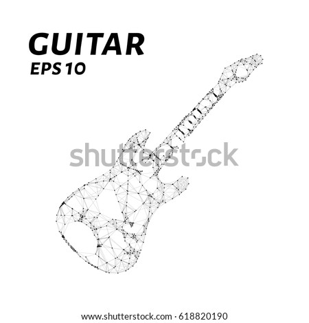 The guitar is composed of points, lines and triangles. The polygon shape in the form of a silhouette of a guitar on a dark background. Vector illustration