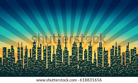 City skyline silhouette with illuminated windows in the background of the shining sky