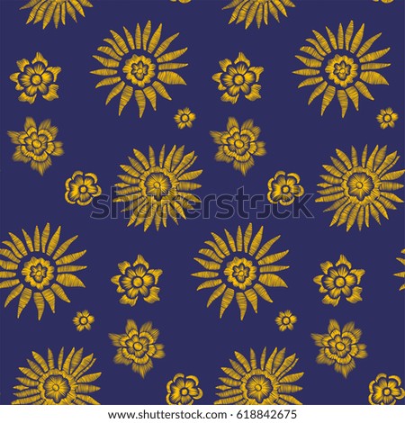 Floral seamless background pattern with fantasy flowers and leaves  Line art. Embroidery flowers. Vector illustration.
