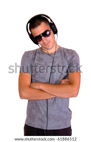 Man is listening to the music over white background