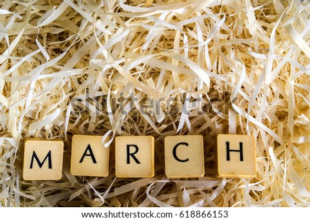 Block Letters of the month "March" word on wood shavings