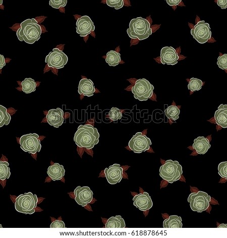 Spring abstract vector background with green and brown roses. Flower blossom petal blooming illustration. Rose seamless pattern on a black background.
