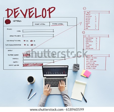 Hands working on laptop network graphic overlay background