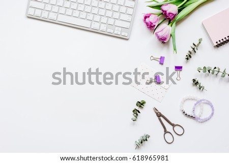 Work with flowers in home office concept top view space for text