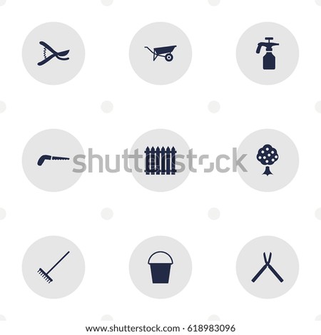 Set Of 9 Horticulture Icons Set.Collection Of Hacksaw, Rake, Scissors And Other Elements.