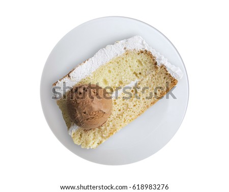 Delicious vanilla cake with chocolate ice cream on top (isolated) tres leches, from top view 