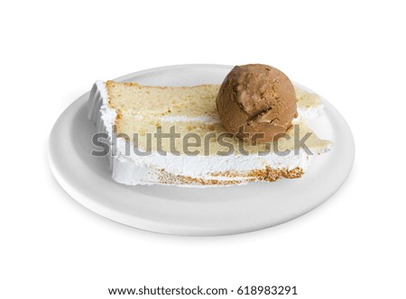 delicious vanilla cake with chocolate ice cream on top (isolated) tres leches, from perspective 