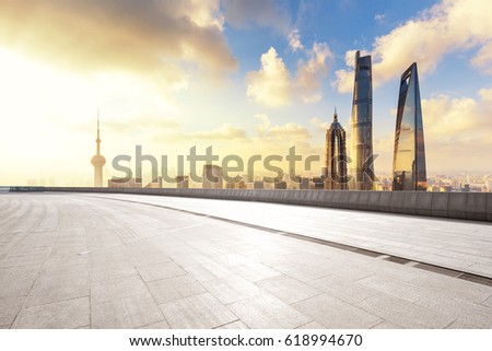 empty brick floor with cityscape of shanghai