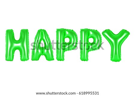 happy in english alphabet from green balloons on a white background. holidays and education.