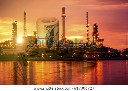 Double exposure money on oil and gas refinery background
