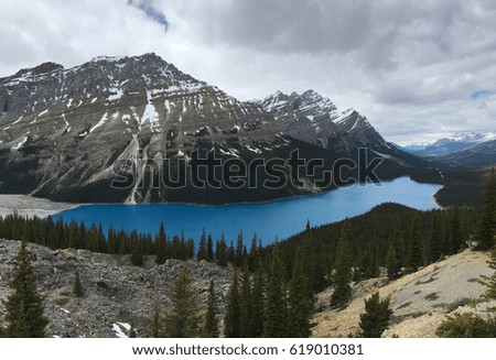 Explanation : A picture taken during the bicycle trip in Canada
Title : The Rocky mountain in May
Caption : Peyto Lake of Rocky Mountain
