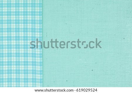 Teal and White Check Patterned Fabric on Side of Turquoise Burlap Background with Empty Room or Space for copy, text, words or your design.  It's horizontal that works as a vertical.