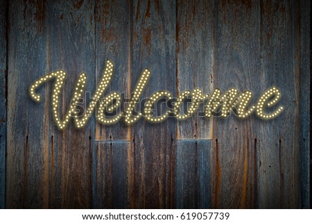 Welcome Light bulb style or Disco style on old wood planks background