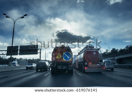 Highway transportation with cars and Truck. blue colors