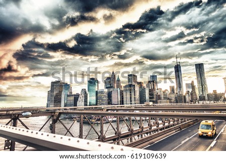 Beautiful view of Manhattan from Brooklyn Bridge.