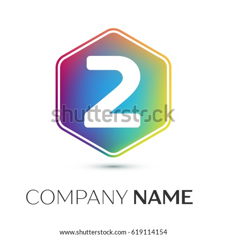 Number two logo symbol in the colorful hexagonal on grey background. Template for your design
