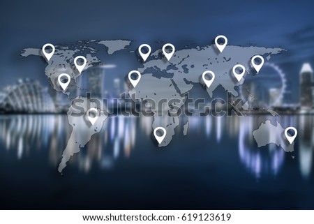 Map pin flat on World Global Cartography Globalization with  blue tone of cityscape business district background.