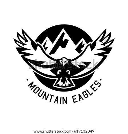 Monochrome logo, eagle flying in the mountains. Vector illustration.