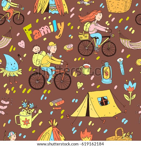 Vector seamless pattern with cute doodle family. Equipment for camping and eco-tourism, bicycles, tent, guitar, people, woman,  man and two children. Cartoon style. Dark brown background.