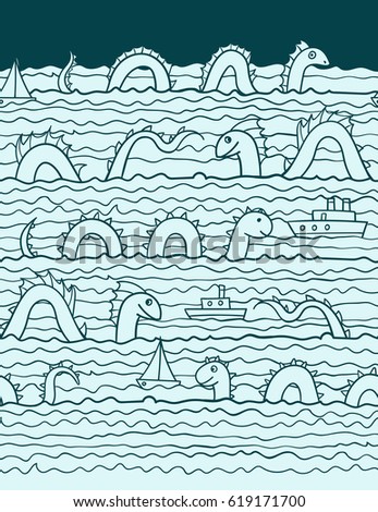 Swimming sea dragons and ships. Vector illustration. The swell on the sea. Border ornament. Seamless abstract pattern.