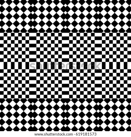 Vector seamless pattern. Decorative element, design template with black white squares and rhombuses. Background, texture with optical illusion effect. Fabric textile tartan in op art style.