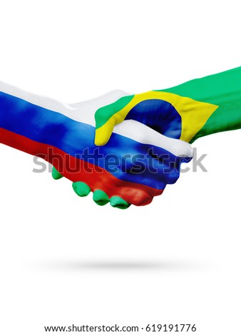 Flags Russia, Brazil countries, handshake cooperation, partnership, friendship or sports team competition concept, isolated on white