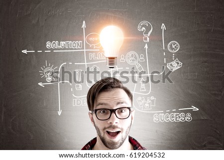 Portrait of a surprised businessman wearing glasses and standing near a blackboard with a business idea sketch drawn on it and a glowing bulb above his head.
