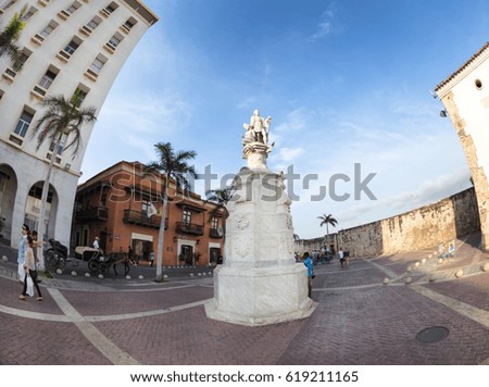 Fisheye view of a statue in the Plaza de la Aduana in Cartagena, Colombia. 