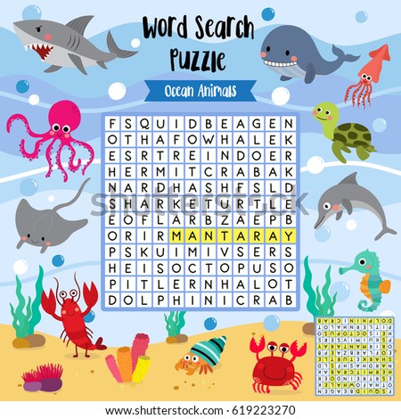 Words search puzzle game of ocean animals for preschool kids activity worksheet colorful printable version. Vector Illustration.