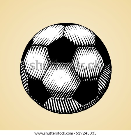 Vector Illustration of a Scratchboard Style Ink Drawing of a Soccer and Football Ball with White Fill