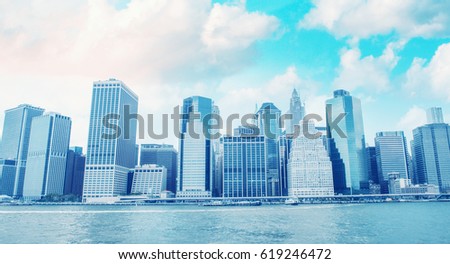 Buildings of Lower Manhattan as seen from East River - New York City.
