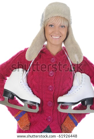 Young woman with skates. Isolated on white background