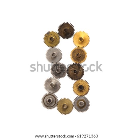 Steampunk ornament style mechanical design cogs gears digit number eight. Aged shabby bronze golden metal textured figure 8. Vintage clock wheels transmission concept. White background, macro view