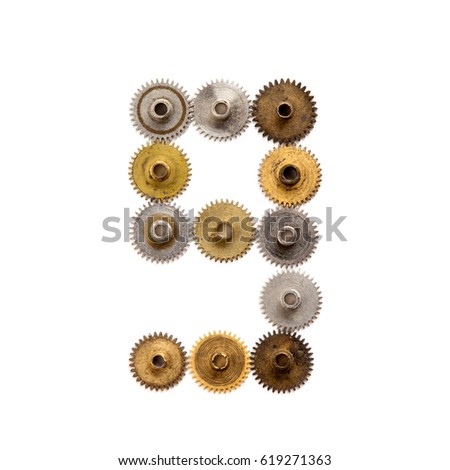 Steampunk cogs gears collection mechanical design digit number nine. Vintage rusty shabby metal textured industrial figure 9. Retro technology machinery wheels connection concept. White background