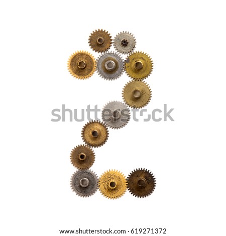 Digit number two steampunk cogwheel gears mechanism. Textured iron bronze metallic surface numeral 2. Aged mechanism wheels connection concept. White background, macro view 