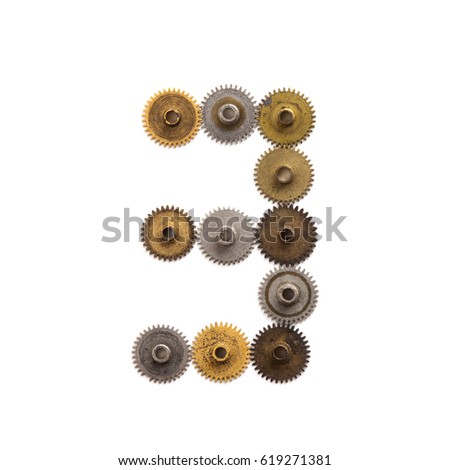 Digit number three steampunk cog gear mechanic design. Old rusty shabby metal textured industrial figure 3. Retro technology machinery wheels connection concept. White background, close-up