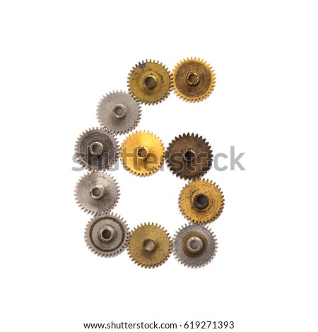 Digit numeric six steampunk cogs gears mechanism. Textured iron bronze metallic surface numeral 6. Aged mechanism wheels connection concept. White background, macro view 