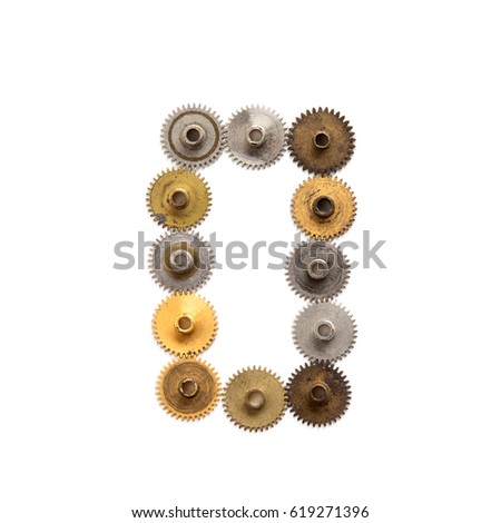 Digit number zero steampunk cogs gears mechanical design. Vintage rusty shabby metal textured industrial figure 0. Retro technology machinery wheels connection concept. White background, macro view