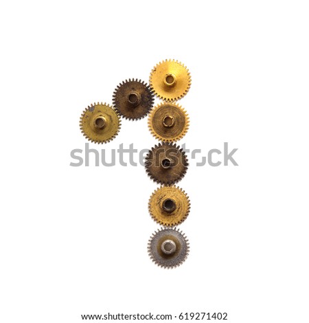 Cogs gears digit number one steampunk ornament style mechanical design Aged shabby bronze golden metal textured shape figure 1. Vintage clock wheels connection concept. White background, macro view