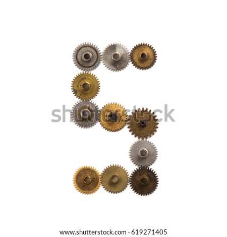 Steampunk cogs gears mechanical design digit number 5. Vintage rusty shabby metal textured industrial figure 5. Retro technology machinery wheels connection concept. White background