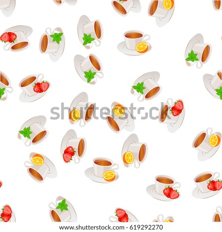 Very high quality original trendy vector seamless pattern tea cup with mint and strawberry, orange