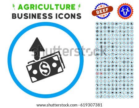 Expences rounded icon with agriculture business pictogram pack. Vector illustration style is a flat iconic symbol inside a circle, blue and gray colors. Designed for web and software interfaces.