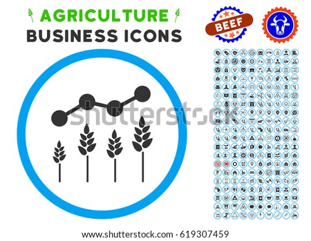 Crop Analytics rounded icon with agriculture commercial glyph collection. Vector illustration style is a flat iconic symbol inside a circle, blue and gray colors.